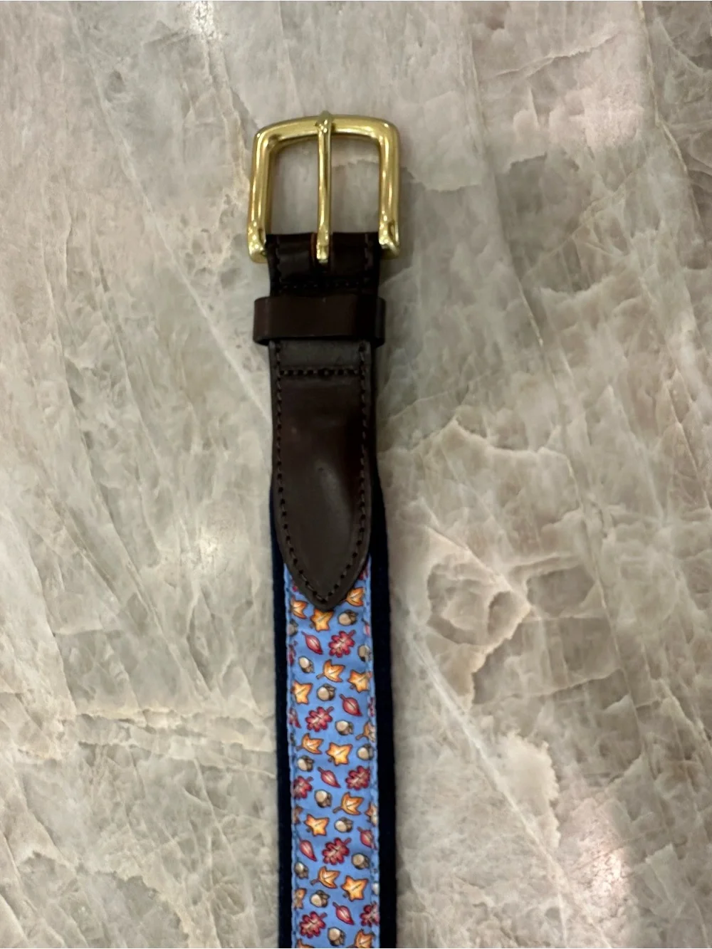 Vineyard Vines Belt, Blue with Fall leaves, Brown Leather & Gold Buckle